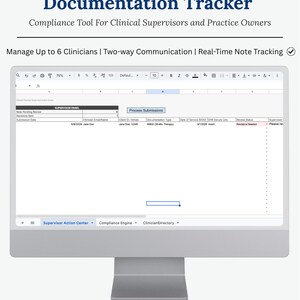 Clinical Supervisor Notes Tracker & Associate Compliance Log| Six Clinician Management Google Spreadsheet