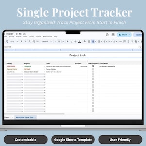 May include: A digital Single Project Tracker template displayed on a laptop screen. The spreadsheet includes columns for Priority, Progress, Tasks, Due Date, Task completed, and Links/Notes. The header reads Project Hub with text input fields.
