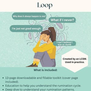 Könnte beinhalten: Ein 13-seitiges, herunterladbares und ausfüllbares Toolkit mit dem Titel Breaking the Rumination Loop. Es zeigt eine Illustration einer Person, die mit dem Kopf in den Händen sitzt, umgeben von Sprechblasen mit negativen Gedanken und einer Inhaltsliste.