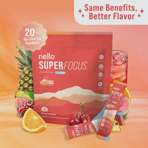 May include: A red package of "nello SUPERFOCUS" focus drink mix with 20 on-the-go packets. The image includes a glass of the drink, fruit slices, and whole fruits like cherries, pineapple, and guava. The text reads "Same Benefits, Better Flavor."