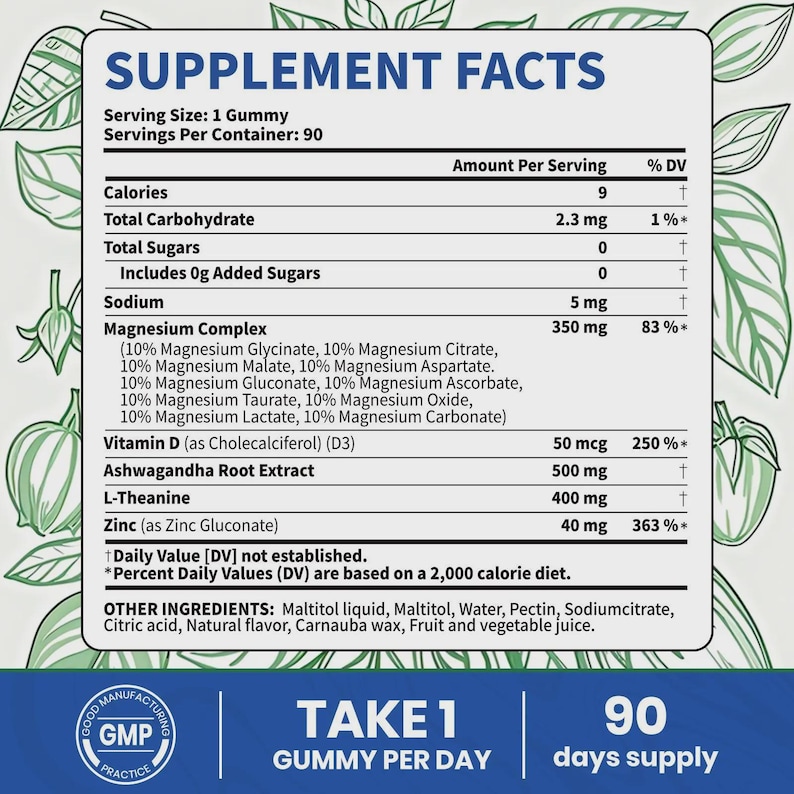 May include: Supplement Facts label detailing the nutritional information of a gummy supplement. The label lists serving size, calories, and the amounts of vitamins, minerals, and other ingredients per serving. The label also includes the text "TAKE 1 GUMMY PER DAY" and "90 days supply."