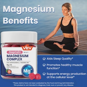 May include: A clear jar of DeepCalm Magnesium Complex gummies with a white lid. The label includes the text "Magnesium Benefits" and "14 in 1". The image also shows a woman in a yoga pose. The gummies are red and shaped like raspberries.