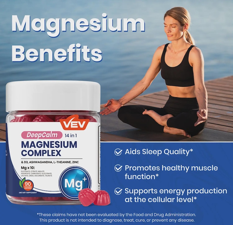May include: A clear jar of DeepCalm Magnesium Complex gummies with a white lid. The label includes the text "Magnesium Benefits" and "14 in 1". The image also shows a woman in a yoga pose. The gummies are red and shaped like raspberries.