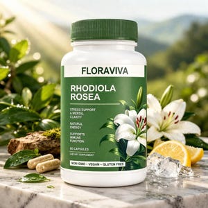 May include: A white bottle of Floraviva Rhodiola Rosea dietary supplement with a green label. The label includes text about stress support, mental clarity, natural energy, and immune function. The image also shows capsules, white flowers, lemon slices, and ice cubes.