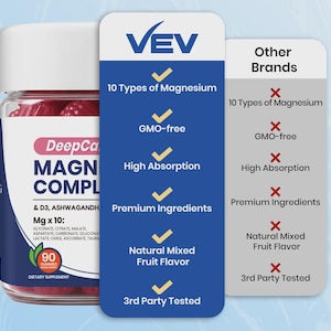 May include: A clear jar filled with red gummies, labeled "DeepCa MAGN COMPL" with "90 Gummies" and "Dietary Supplement." A blue graphic lists features like "10 Types of Magnesium" and "GMO-free." The brand name is "VEV."