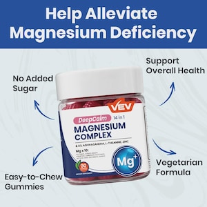 May include: A clear jar of DeepCalm Magnesium Complex gummies. The label highlights "14 in 1" benefits, including D3, Ashwagandha, and Zinc. The text emphasizes "No Added Sugar" and "Easy-to-Chew Gummies." The product supports overall health and is a vegetarian formula.