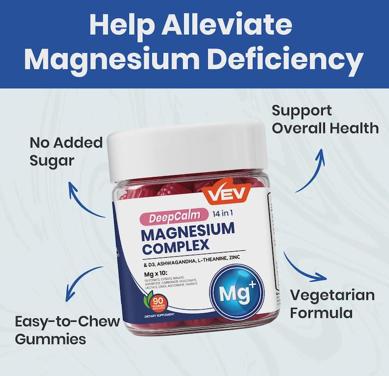 May include: A clear jar of DeepCalm Magnesium Complex gummies. The label highlights "14 in 1" benefits, including D3, Ashwagandha, and Zinc. The text emphasizes "No Added Sugar" and "Easy-to-Chew Gummies." The product supports overall health and is a vegetarian formula.