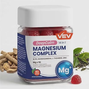 May include: A clear glass jar with a white lid contains red gummy supplements. The label reads "DeepCalm Magnesium Complex" with additional ingredients listed. A few pieces of ginger and green tea leaves are next to the jar.