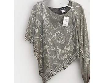 Vintage NWT Fringed Poncho Shawl Gold Metallic W/Black Whimsigoth Witchy Fairy