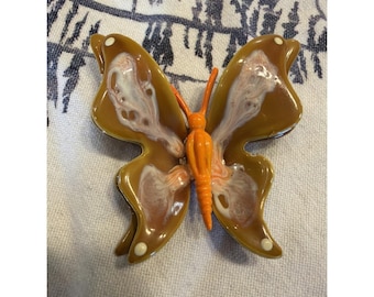 Vintage Enamel Butterfly Brooch Ochre Orange Fairy Style Gold Tone 2"/2"