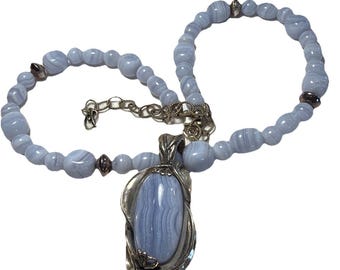 Carolyn Pollack Vntg sterling 925 blue lace beads & calla lilly pendant necklace
