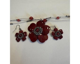 Red Acrylic Silver Flowers Multi Strand Statement Necklace & Earrings. Tropical