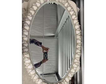 VNTG Custom Large Seashell Framed Oval Mirror 18x32" CoastalCore Nautical Beach