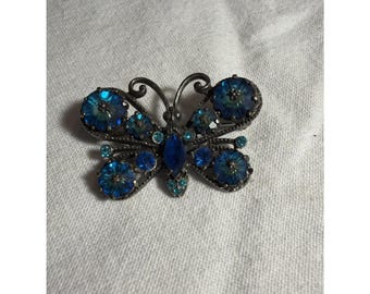 Weiss Blue Rhinestone Butterfly Brooch Silver Tone Aurora Stones Whimsical Fairy