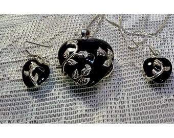VNTG JC Black Onyx Heart&Silver Roses PendantEarrings 925 Italy Chain Victorian