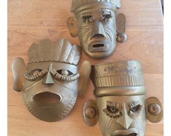 3 VNTG Mexican Tin Metal Masks Beaded Eyes Folk Art Primitive Style Tribal 6"x5"