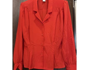 VINTAGE Power Red Cinched Waist Career Wear Blouse. 10 Meas In Pics