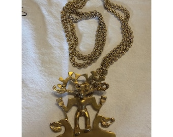 Vntg Gold Tone Alva Studios Museum Replica Aztec Bird Man Necklace Pendant Chain