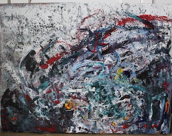 Modern Abstract Acrylic Painting, Red Blue Textured Wall Art, Large Canvas for Living Room.