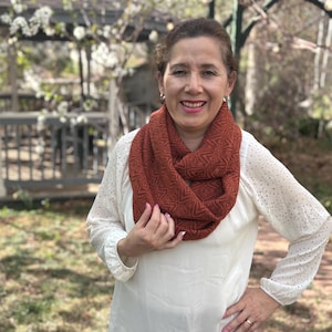 May include: A rust-colored infinity scarf with a geometric pattern. The scarf is wrapped around the neck and is paired with a white blouse with small dot details. The background includes a garden setting with greenery and a gazebo.