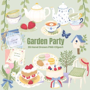 May include: A digital illustration set titled Garden Party 26 Hand Drawn PNG Clipart featuring teapots, teacups, strawberries, macarons, cakes, a birdhouse, a chair with a hat, flowers, and envelopes with text reading Special Day and Welcome to my Garden.