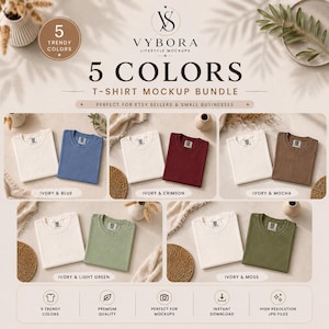 Puede incluir: Un paquete de maquetas de camisetas con cinco colores de moda: marfil y azul, marfil y carmesí, marfil y moca, marfil y verde claro y marfil y musgo. La imagen incluye el texto "5 Colors T-Shirt Mockup Bundle".