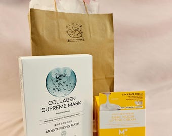 Korean Collagen 10-Pack Sheet Mask and Snail Mucin Lifting Cream Gift Bag