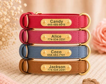 Dog Collar Personalized PU Leather  with Engraved ID Tag, Adjustable Fit