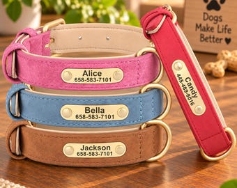 Dog Collar Personalized PU Leather  with Engraved ID Tag, Adjustable Fit