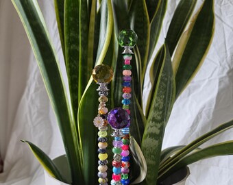 Beaded Plant Stakes • Crystal, Ceramic, Metal Topper • Decorative Plant Adornments