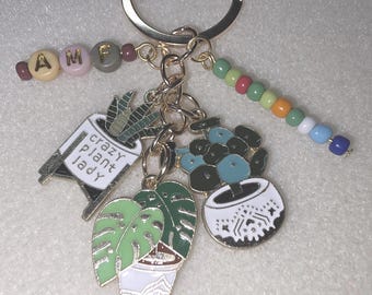 Personalized Plant Lover Keychain • Beaded Charm, Custom Letters, Plant Parent Gift