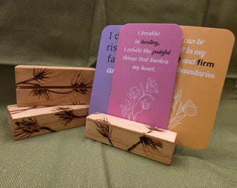 Daily Dose of Calm Gift Set • Affirmation Cards, Wood-Burned Holder, Soy Candle, Intention Vase