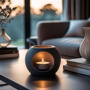 May include: A matte dark gray spherical candle holder with a circular cutout in the center. Inside the opening, a small round tea light candle is lit, emitting a warm glow. The object has a smooth, solid exterior and a hollow interior space.