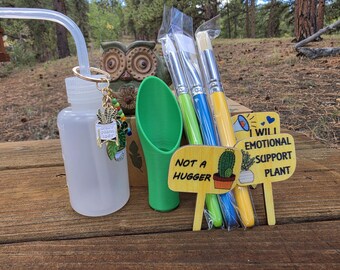 Plant Care Kit • Ceramic Pot, Watering Bottle, Brushes, Keychain, Funny Stakes (Gift)