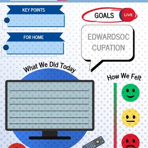 Puede incluir: Infografía digital en azul y blanco. Muestra las palabras "NEWS UPDATE" y "APPOINTMENT REPORT". Incluye secciones para "KEY POINTS" y "FOR HOME", junto con una sección titulada "What We Did Today". También hay una sección para "GOALS" y "How We Felt".