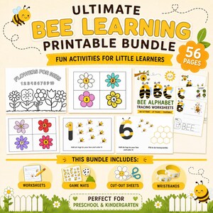 以下が含まれることがあります： 「ULTIMATE BEE LEARNING PRINTABLE BUNDLE」のテキストが入った、カラフルな印刷可能な学習バンドル。 ワークシート、ゲームマット、切り抜きシート、リストバンドが含まれています。 蜂と花のイラスト、そして「PERFECT FOR PRESCHOOL & KINDERGARTEN」のテキストが特徴です。