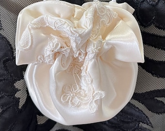 Your wedding gown repurposed to charm pouch, small jewelry bag, double draw string, sphere shape for bride or wedding party, bridesmaids