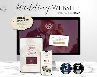 Dark Burgundy Wedding Website Template Canva | Old Money Style, Built-in RSVP