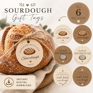 Puede incluir: Un conjunto de seis etiquetas circulares para regalo de masa madre en varios tonos marrones y crema. Las etiquetas incluyen ilustraciones de pan y textos como "Homemade with love", "Handmade sourdough" y "Thank you for supporting small batch sourdough".