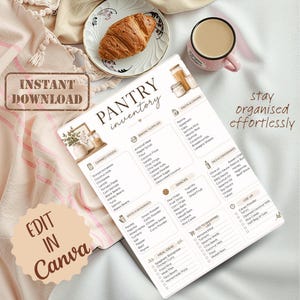 May include: A white pantry inventory checklist printed on paper with sections for canned goods, baking supplies, pasta, grains, snacks, oils, condiments, spices, seasonings, meal ideas, and a shopping list, featuring the text INSTANT DOWNLOAD and EDIT IN Canva.