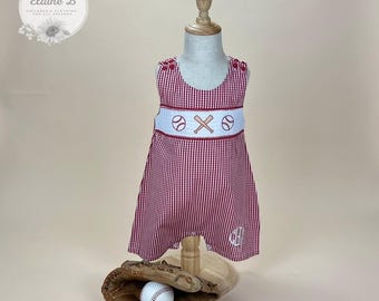 Personalisierte rote Gingham Shortalls mit Smoking & gesticktem Baseball-Design