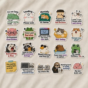Pode incluir: Uma coleção de vinte adesivos de vinil recortados apresentando vários animais e objetos de desenho animado com legendas bem-humoradas. Os designs incluem um gato dormindo, um cérebro estressado, um pato de óculos escuros e um bicho-preguiça.
