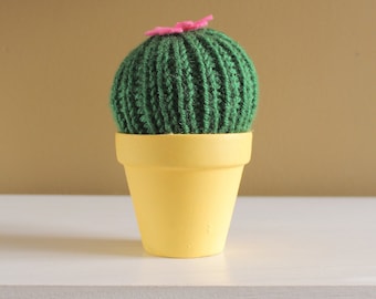 small knit cactus with felt flower - Yellow pot