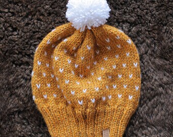 Marble Mountain Hat - Mustard Yellow speckled knit hat with pom-pom