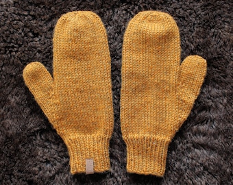 Hand knit mustard yellow mittens