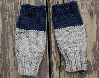 Bayport Mitts - fingerless Color blocked hand knit heathered grey & navy blue mitts