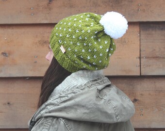 Marble Mountain Hat - Moss green speckled knit hat with pom-pom