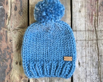 blue chunky knit baby hat with pompom