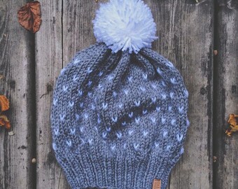 Marble Mountain Hat - Grey slouchy style hat with White speckles & pom-pom
