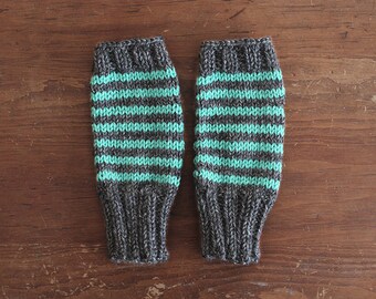 Bayport Mitts - Striped hand knit charcoal & seafoam fingerless mitts